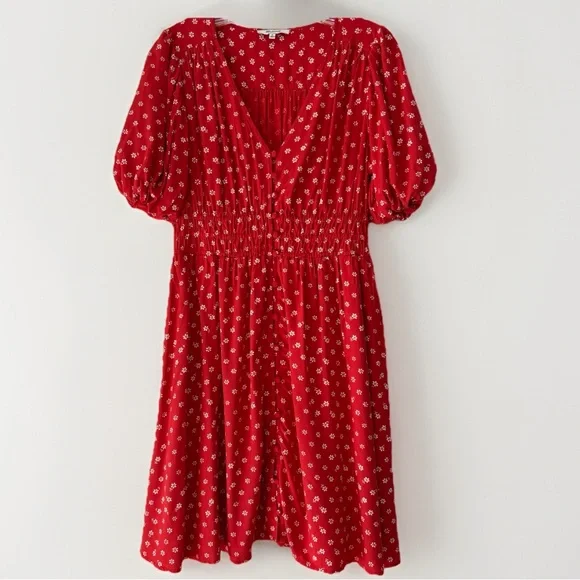 Madewell Women's Sophia Mini Dress Red Bandana Flower Floral Medium Puff Sleeve - Picture 2 of 13